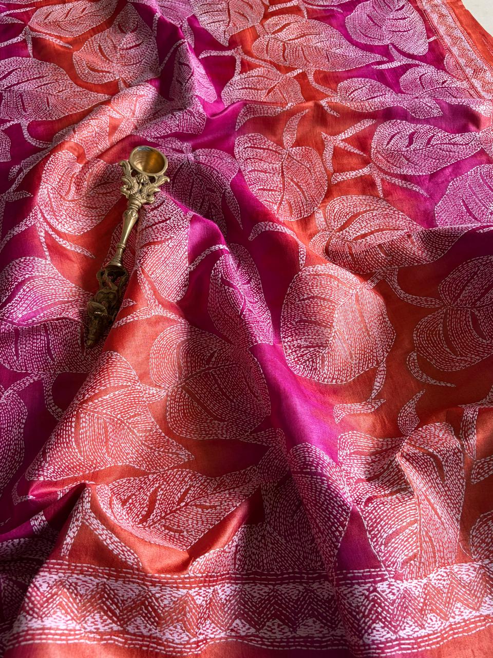 Pure Tussar Silk Handwoven Dupatta with intricate hand kantha embroidery - Multicolour