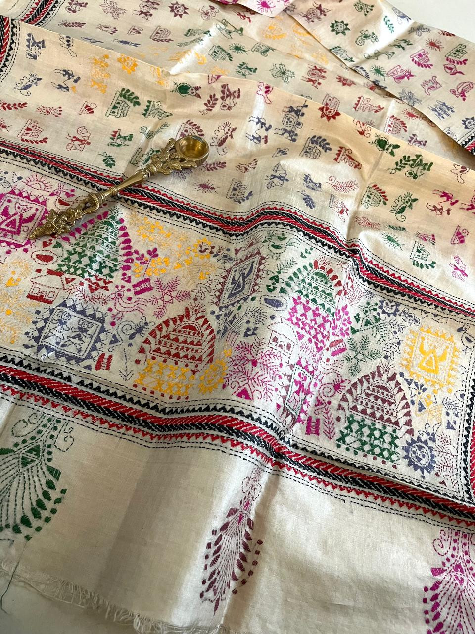 Pure Tussar Silk Handwoven Dupatta with intricate Hand Kantha Embroidery - Off White with Multicolour