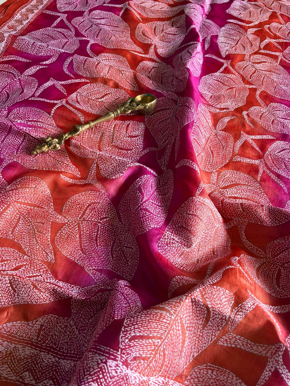 Pure Tussar Silk Handwoven Dupatta with intricate hand kantha embroidery - Multicolour
