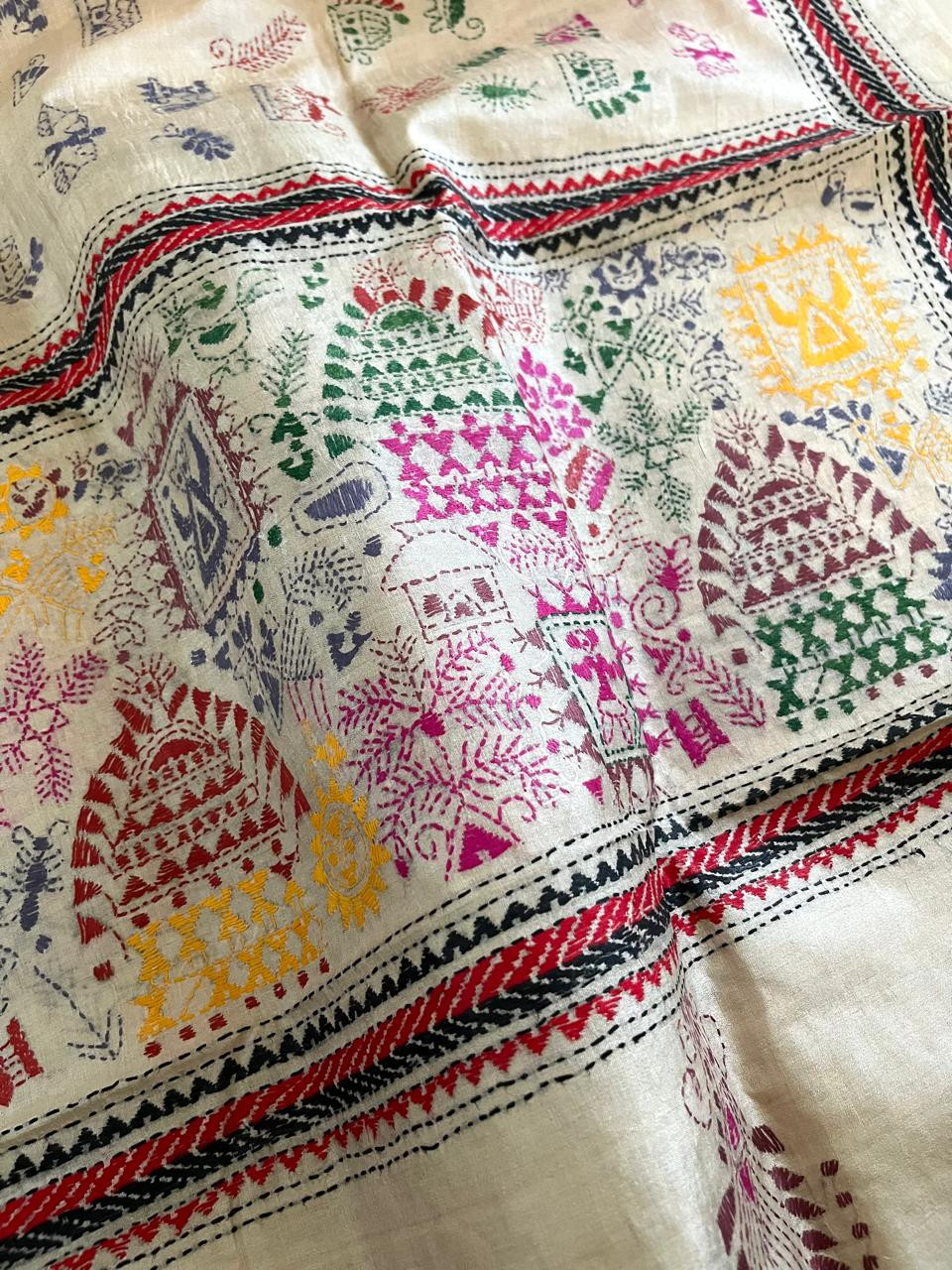 Pure Tussar Silk Handwoven Dupatta with intricate Hand Kantha Embroidery - Off White with Multicolour
