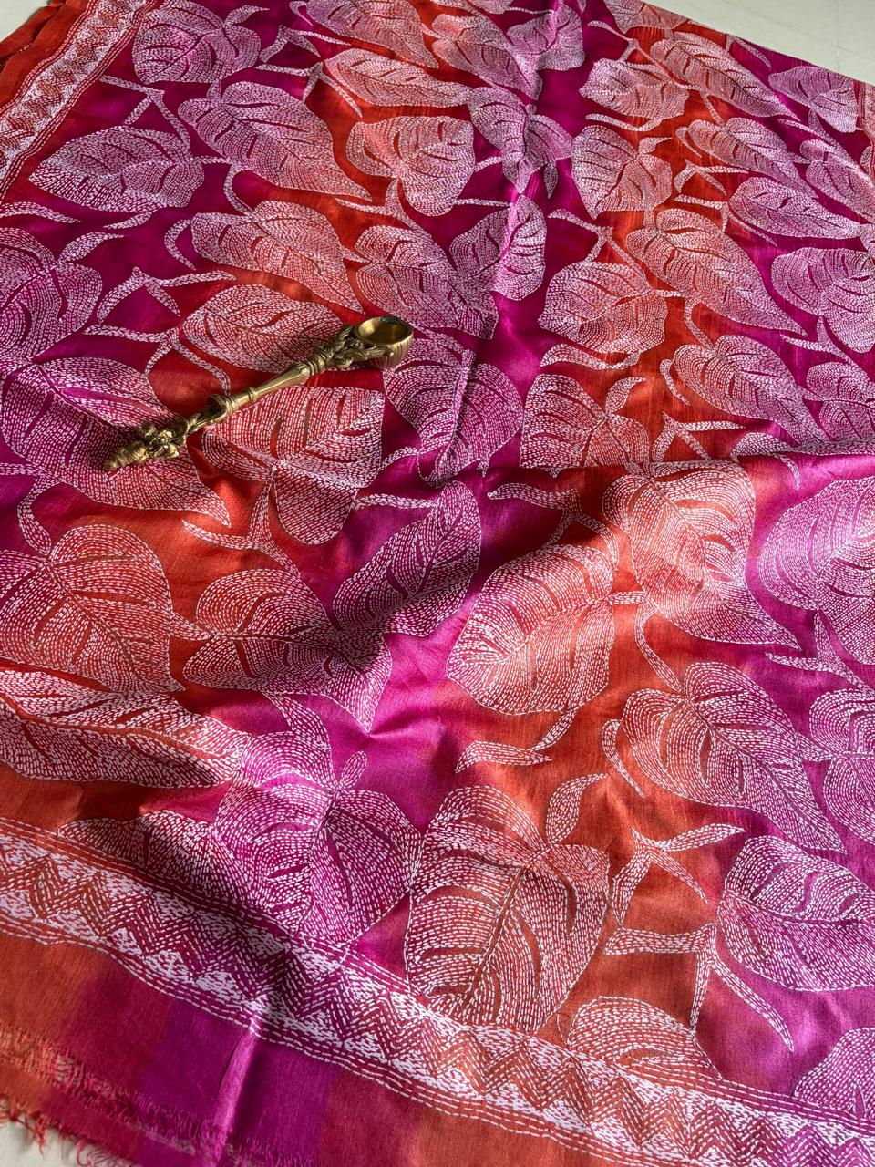 Pure Tussar Silk Handwoven Dupatta with intricate hand kantha embroidery - Multicolour