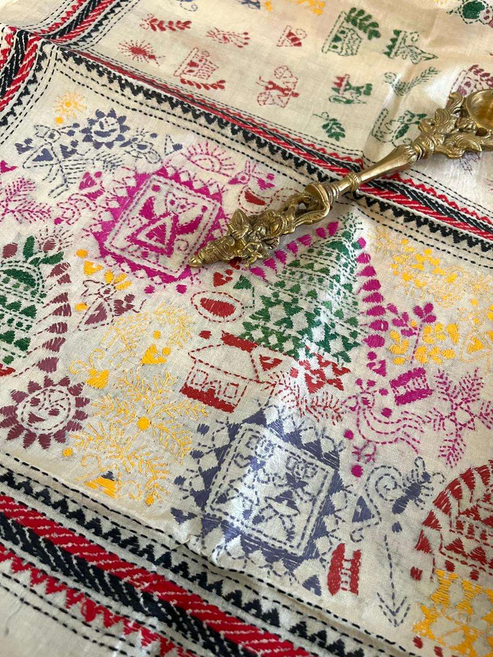 Pure Tussar Silk Handwoven Dupatta with intricate Hand Kantha Embroidery - Off White with Multicolour