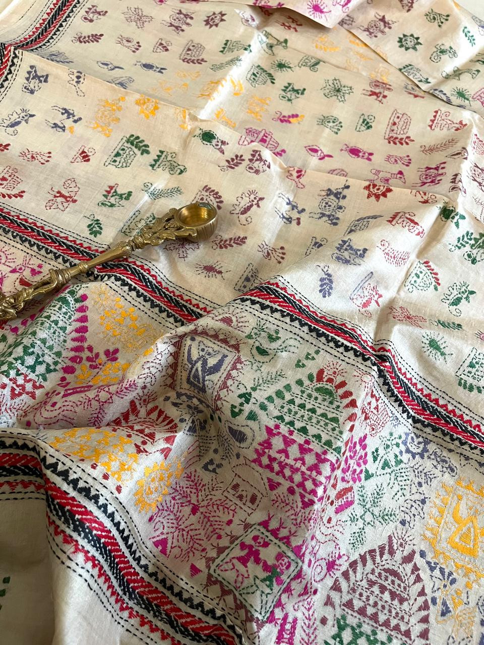 Pure Tussar Silk Handwoven Dupatta with intricate Hand Kantha Embroidery - Off White with Multicolour