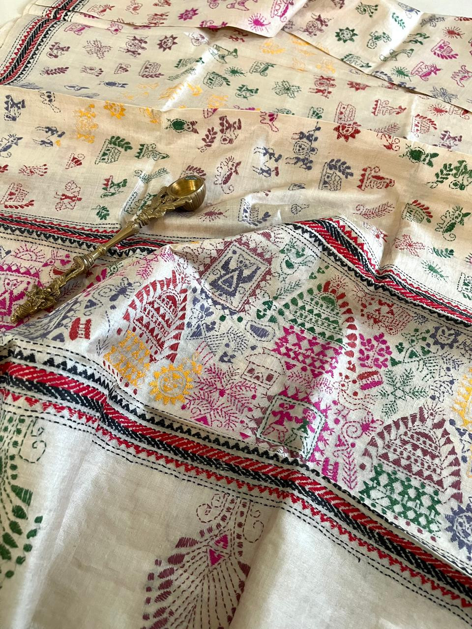 Pure Tussar Silk Handwoven Dupatta with intricate Hand Kantha Embroidery - Off White with Multicolour