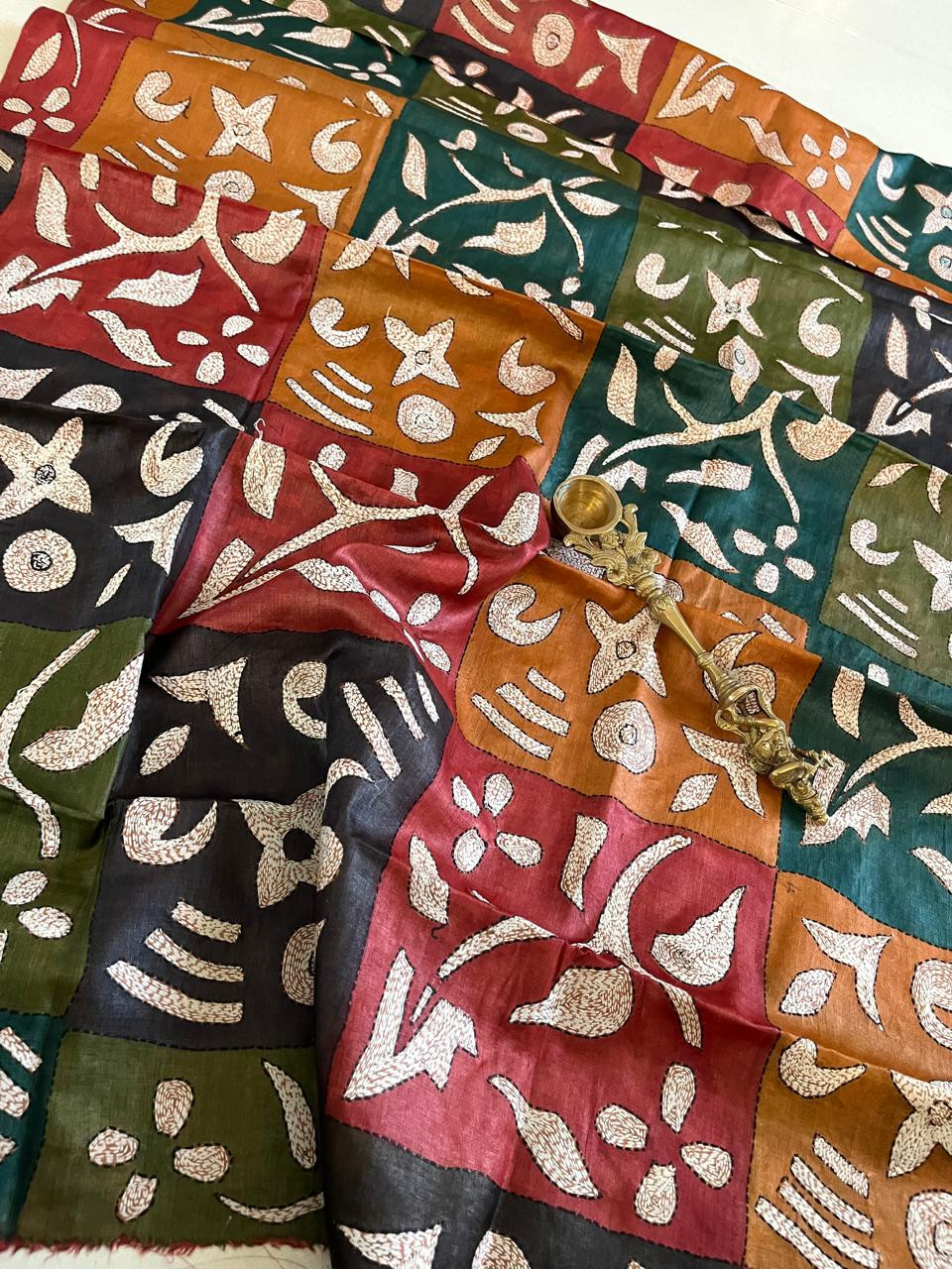 Pure Tussar Silk Handwoven Dupatta with intricate Hand Kantha Embroidery - Multicolour