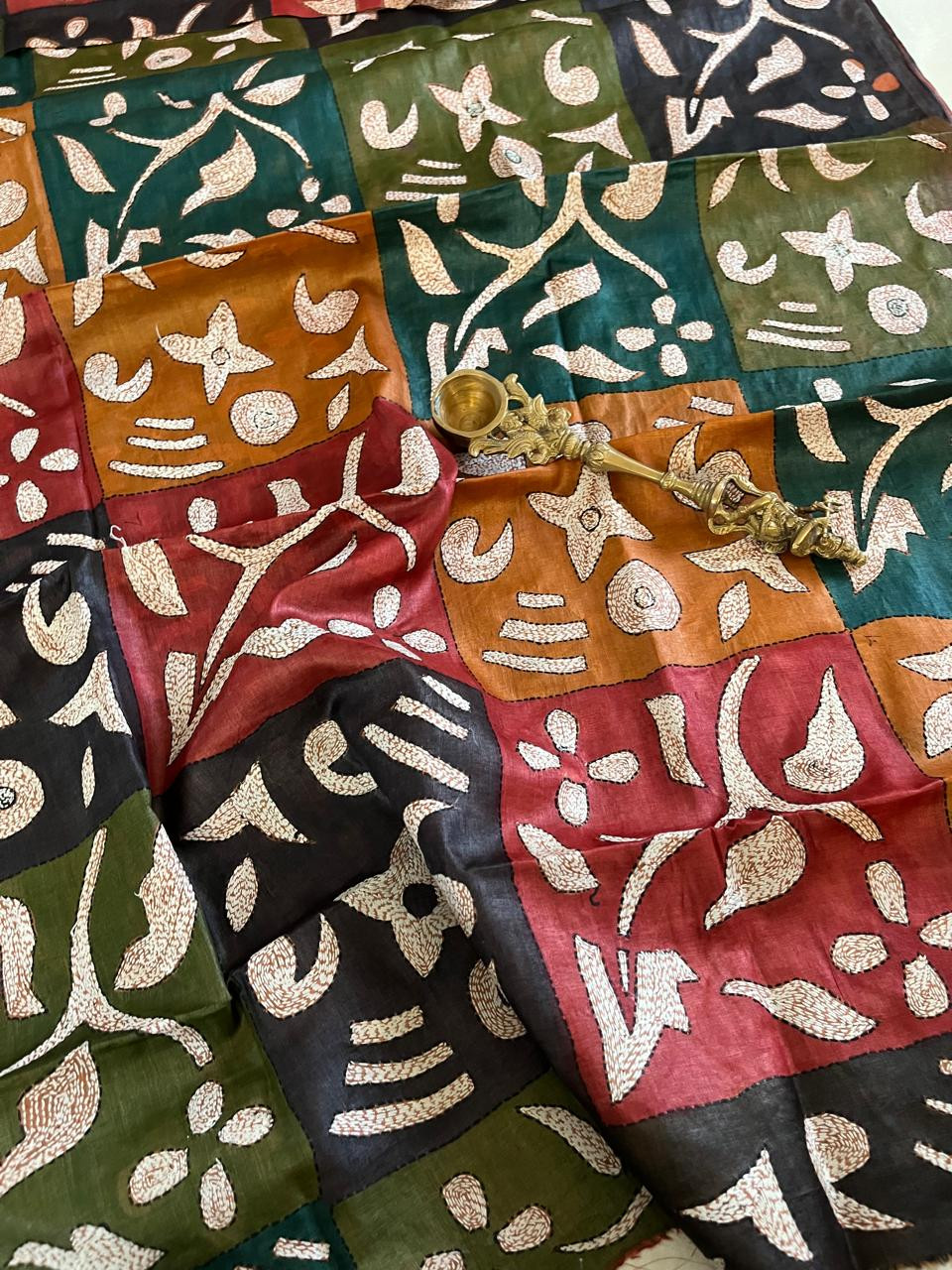 Pure Tussar Silk Handwoven Dupatta with intricate Hand Kantha Embroidery - Multicolour