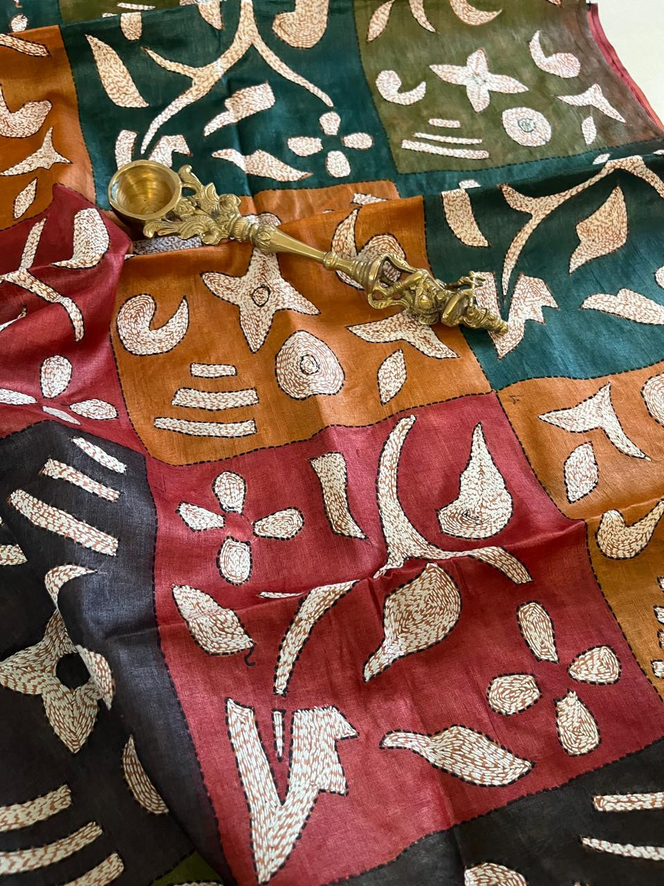 Pure Tussar Silk Handwoven Dupatta with intricate Hand Kantha Embroidery - Multicolour