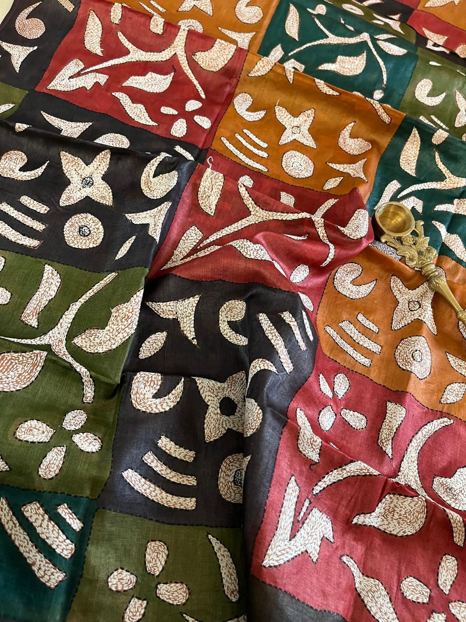 Pure Tussar Silk Handwoven Dupatta with intricate Hand Kantha Embroidery - Multicolour