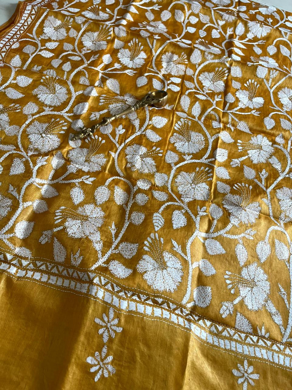 Pure Tussar Silk Handwoven Dupatta with intricate Hand Kantha Embroidery - Mustard Yellow