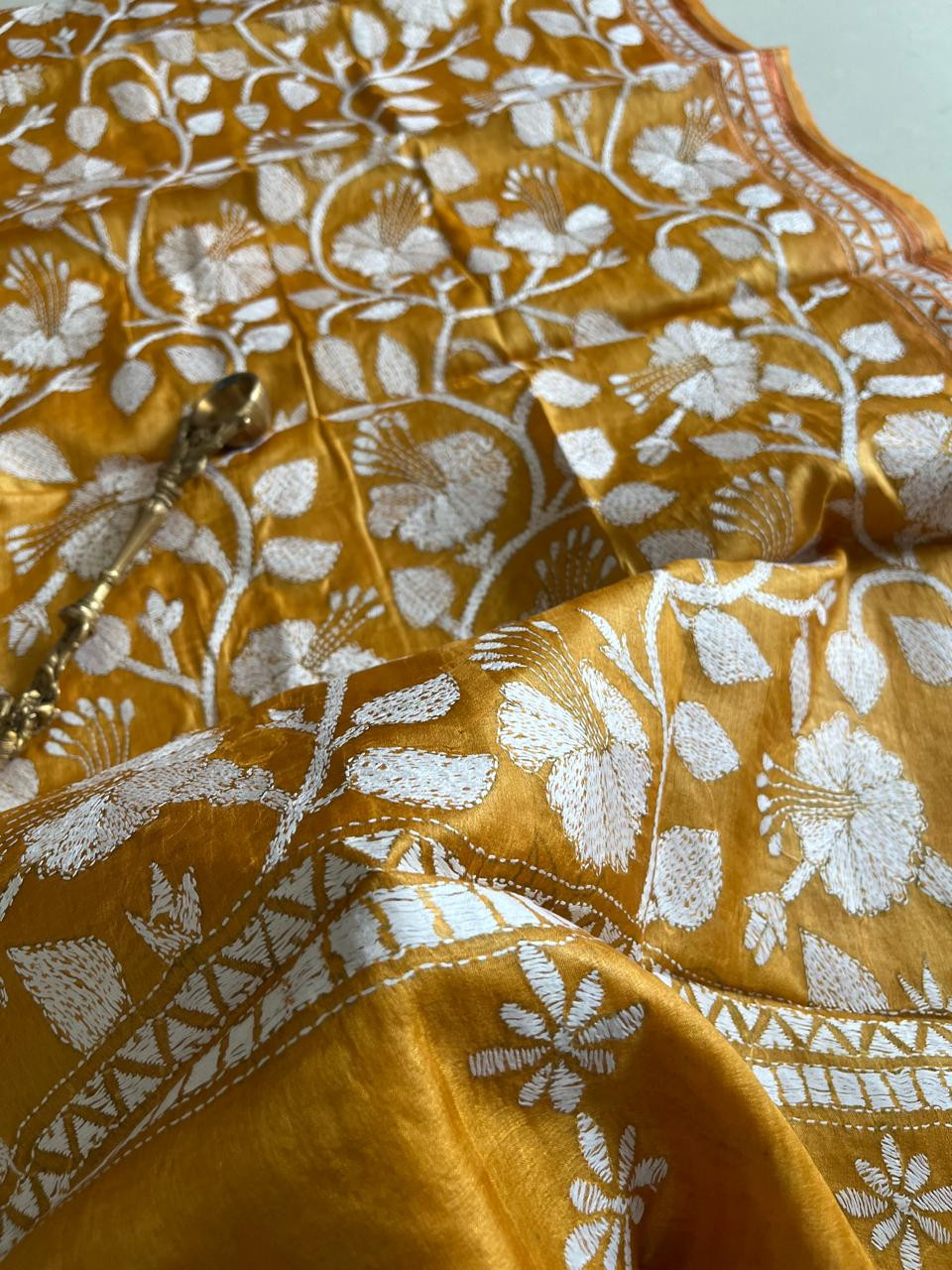 Pure Tussar Silk Handwoven Dupatta with intricate Hand Kantha Embroidery - Mustard Yellow