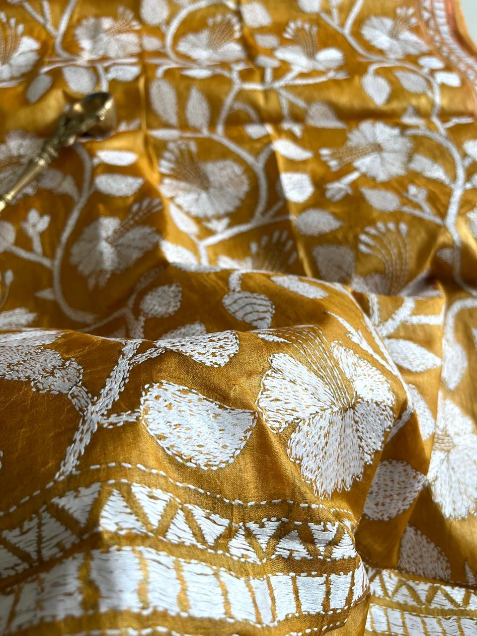 Pure Tussar Silk Handwoven Dupatta with intricate Hand Kantha Embroidery - Mustard Yellow