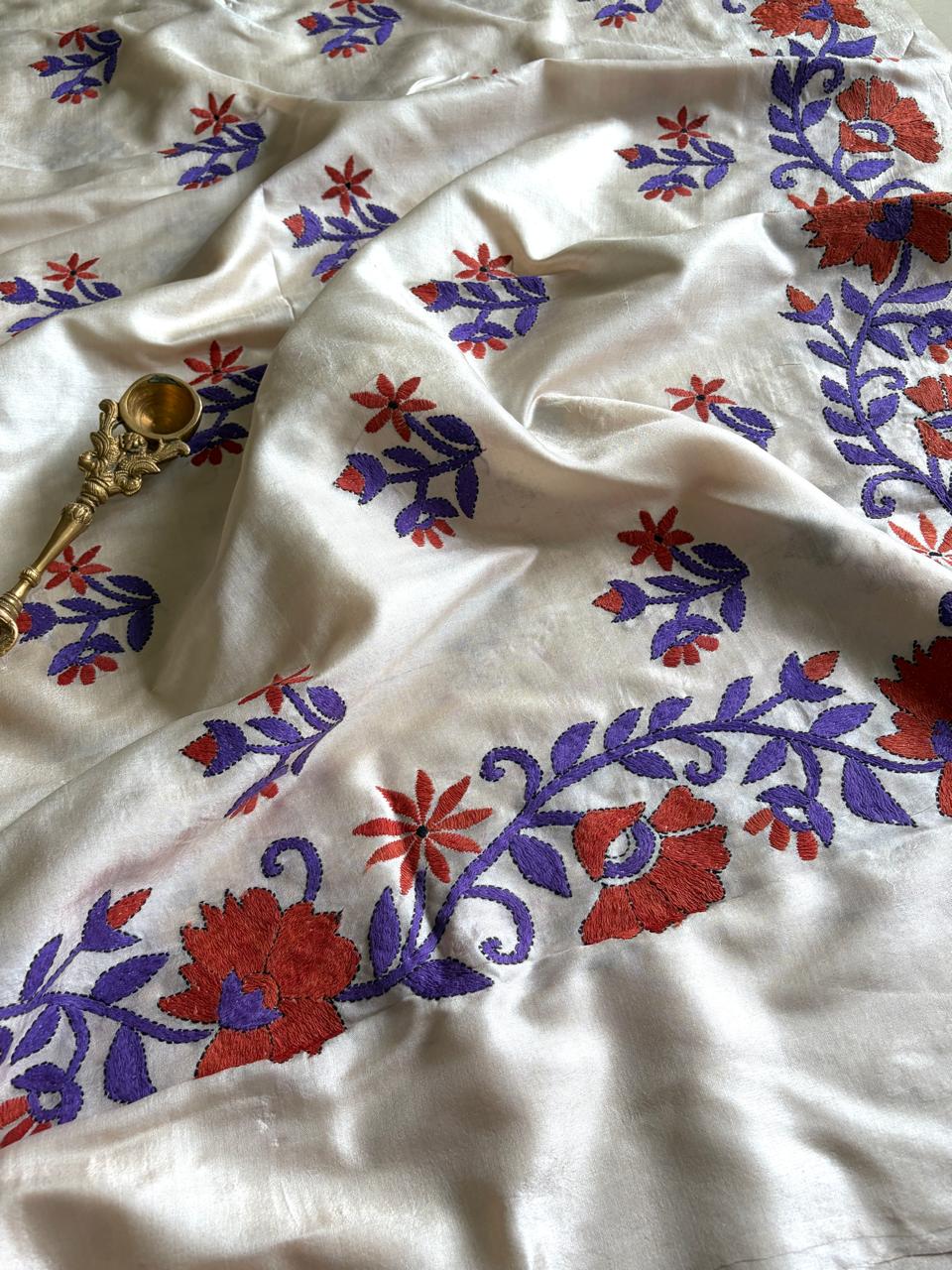 Pure Tussar Silk Handwoven Dupatta with intricate Hand Kantha Embroidery - Off White Floral