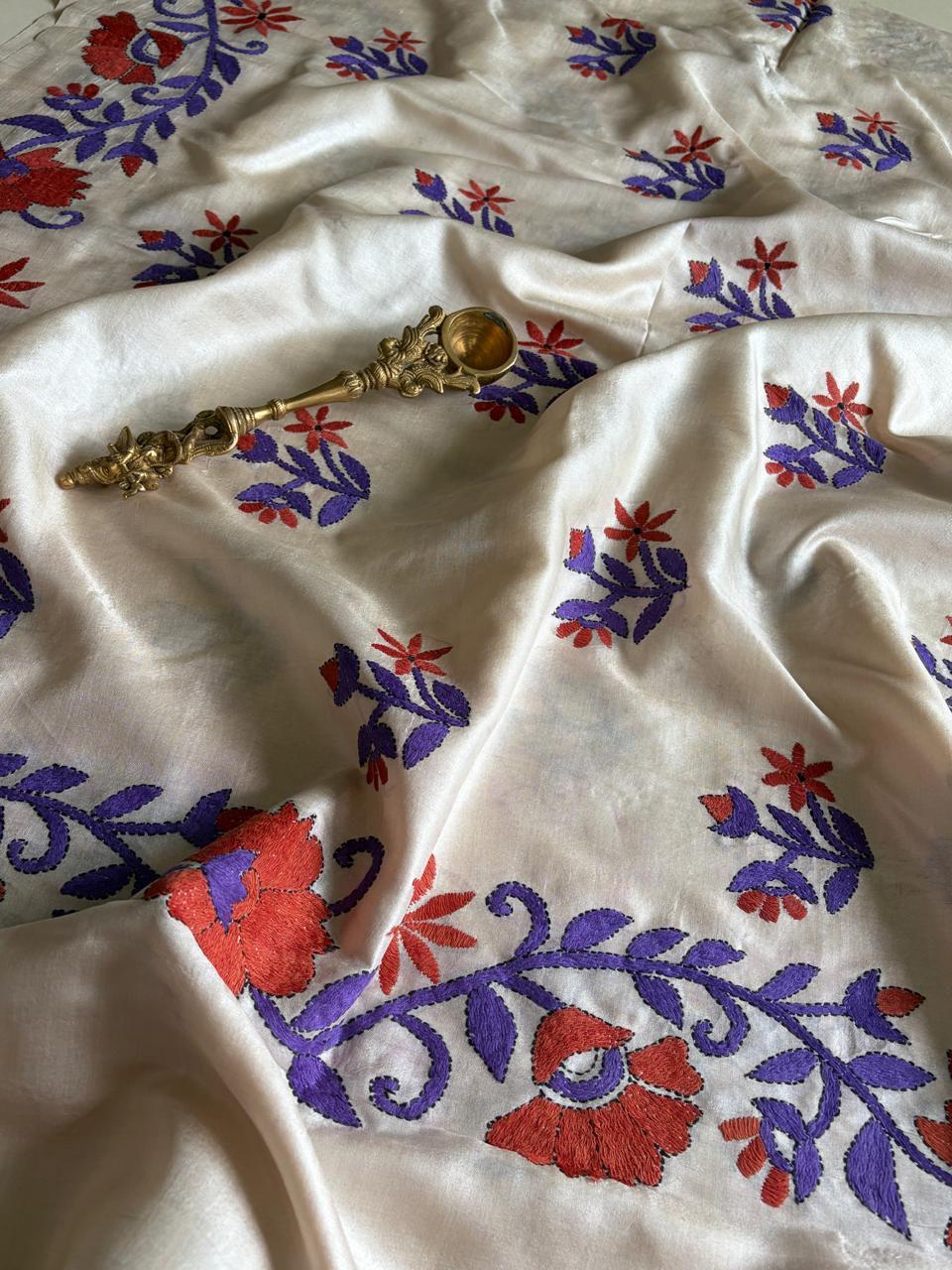 Pure Tussar Silk Handwoven Dupatta with intricate Hand Kantha Embroidery - Off White Floral