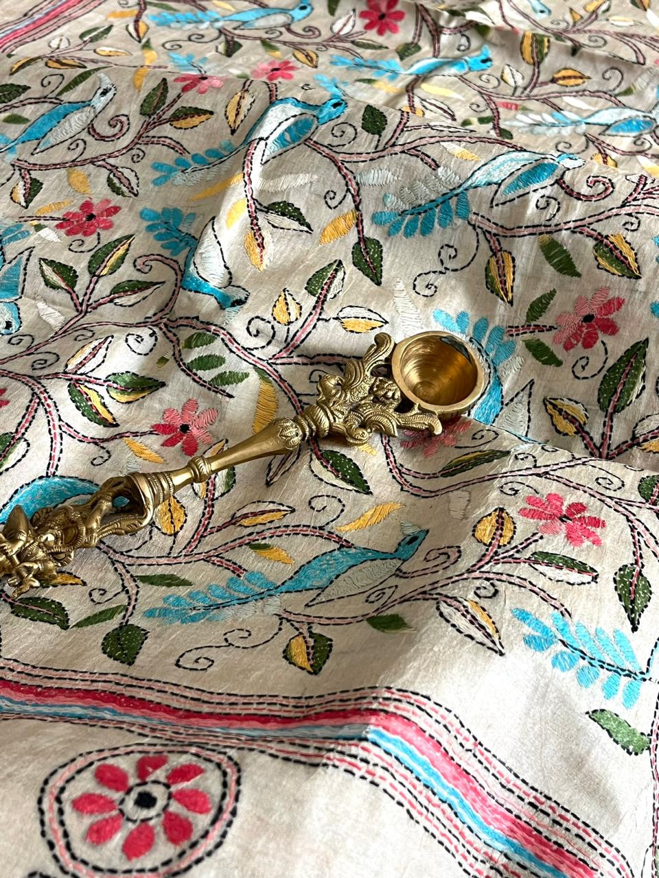 Pure Tussar Silk Handwoven Dupatta with intricate Hand Kantha Embroidery - Off White with Multicolour