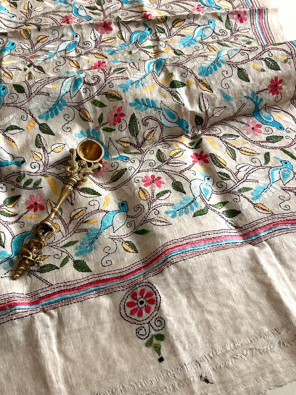 Pure Tussar Silk Handwoven Dupatta with intricate Hand Kantha Embroidery - Off White with Multicolour