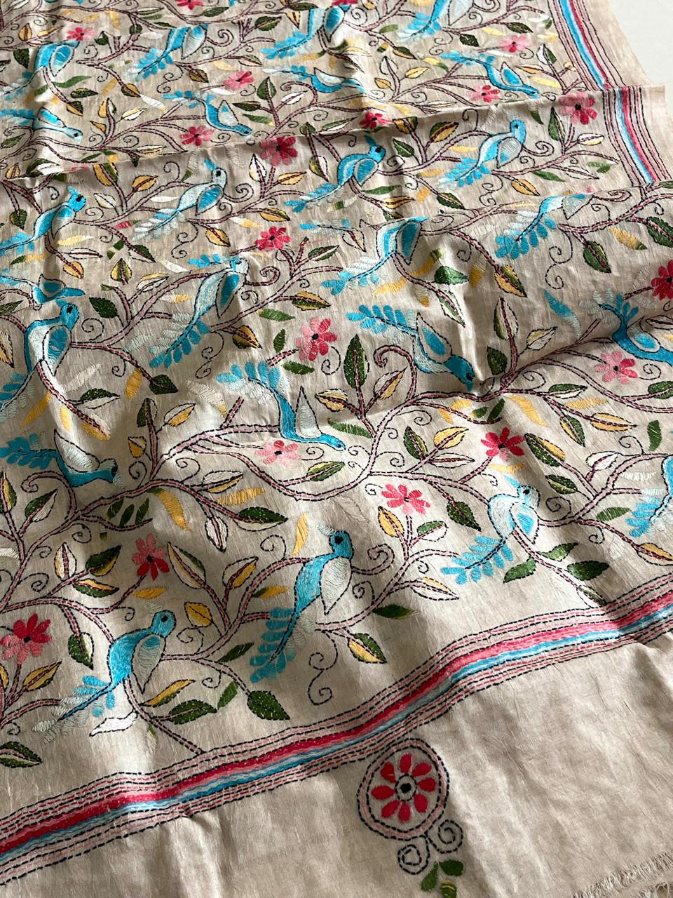 Pure Tussar Silk Handwoven Dupatta with intricate Hand Kantha Embroidery - Off White with Multicolour