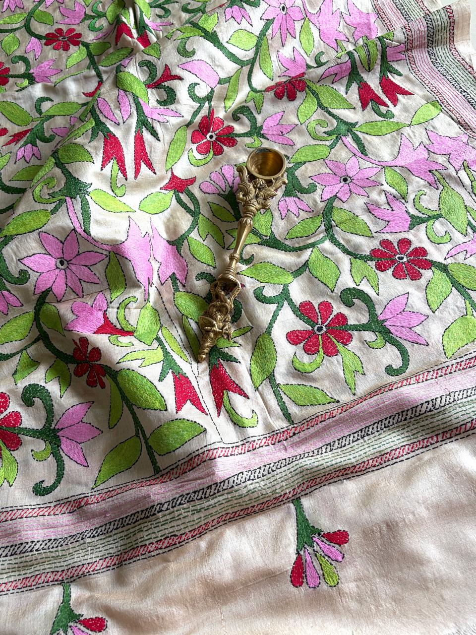 Pure Tussar Silk Handwoven Dupatta with intricate Hand Kantha Embroidery - Off White with Multicolour