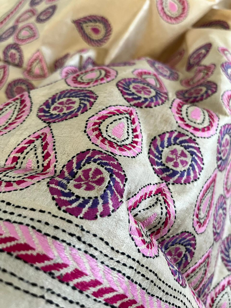 Image of Pure Tussar Silk Handwoven Dupatta with intricate Hand Kantha Embroidery - Off White with Pink