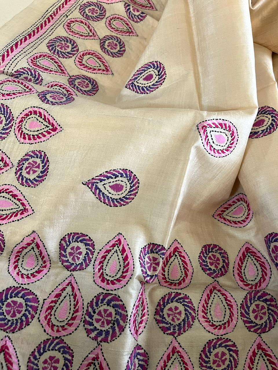 Pure Tussar Silk Handwoven Dupatta with intricate Hand Kantha Embroidery - Off White with Pink