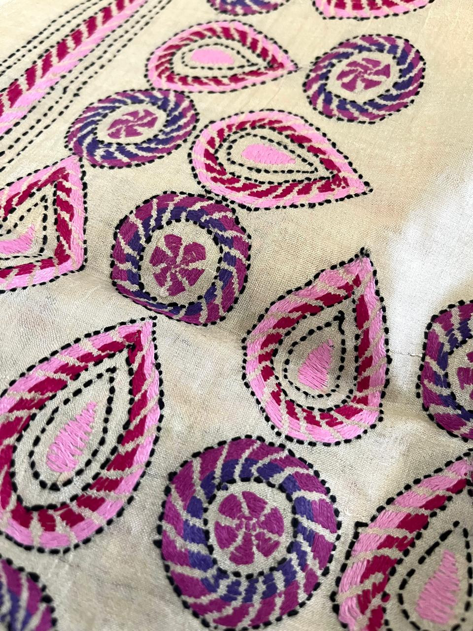 Pure Tussar Silk Handwoven Dupatta with intricate Hand Kantha Embroidery - Off White with Pink