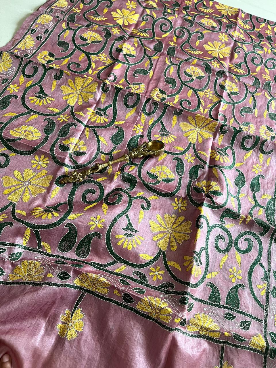 Pure Tussar Silk Handwoven Dupatta with intricate Hand Kantha Embroidery - Onion Pink