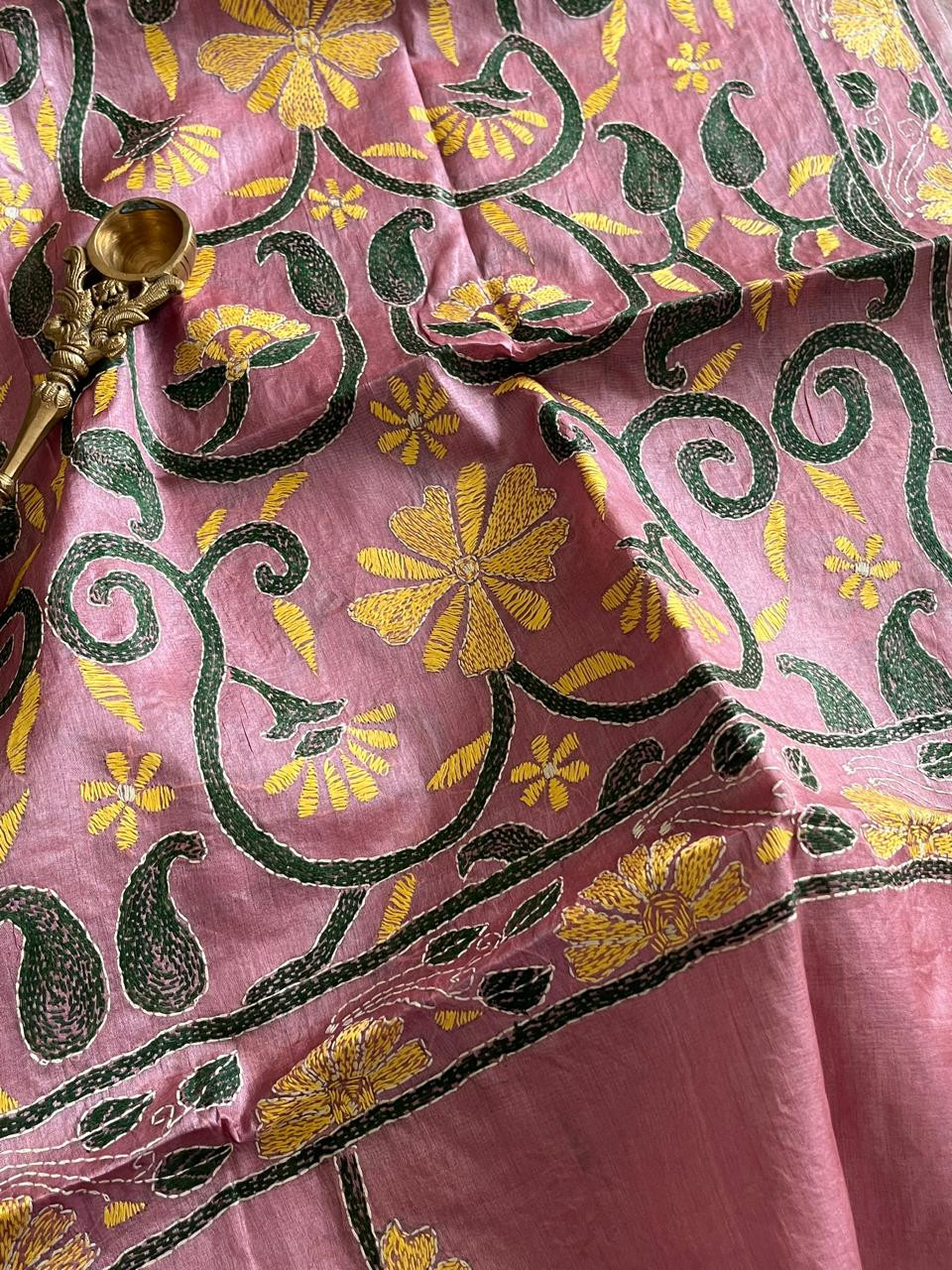 Pure Tussar Silk Handwoven Dupatta with intricate Hand Kantha Embroidery - Onion Pink