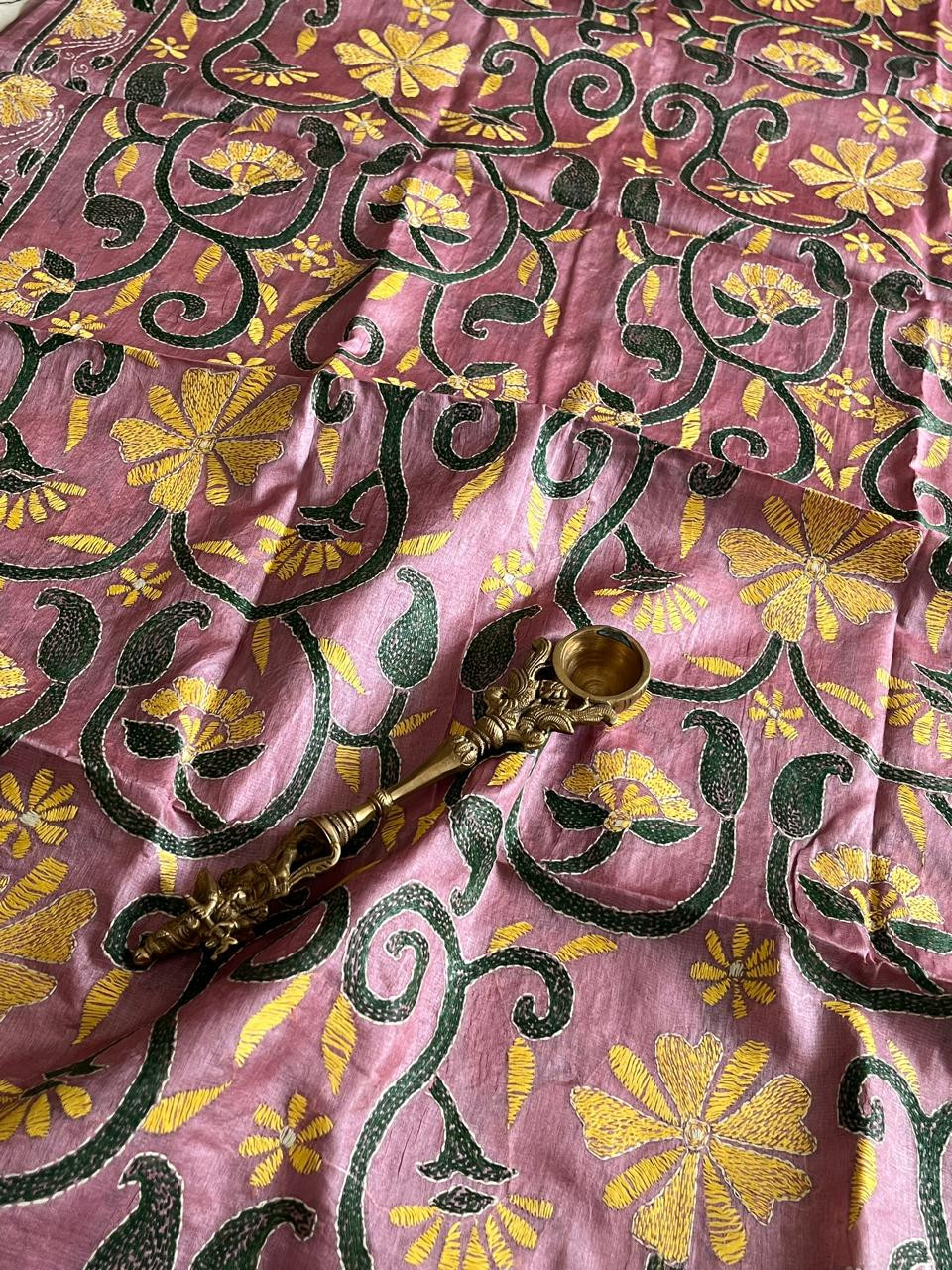 Pure Tussar Silk Handwoven Dupatta with intricate Hand Kantha Embroidery - Onion Pink