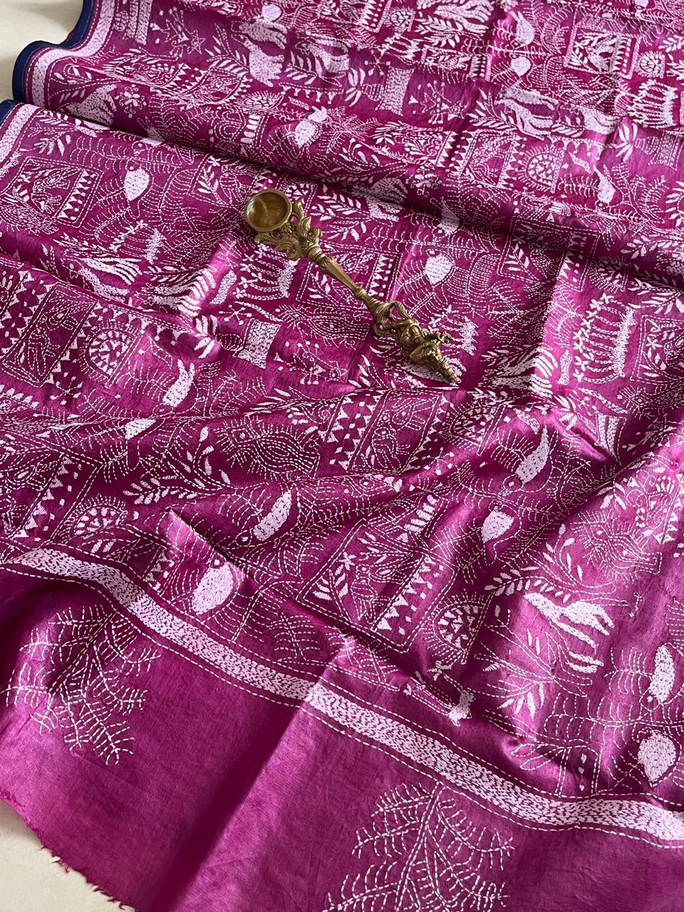 Pure Tussar Silk Handwoven Dupatta with intricate Hand Kantha Embroidery - Pink with White