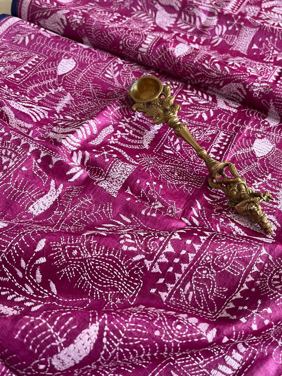 Pure Tussar Silk Handwoven Dupatta with intricate Hand Kantha Embroidery - Pink with White