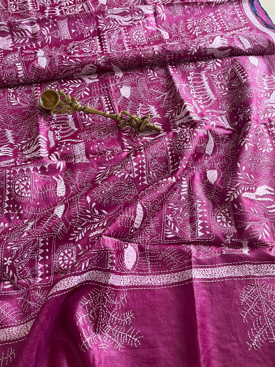 Pure Tussar Silk Handwoven Dupatta with intricate Hand Kantha Embroidery - Pink with White