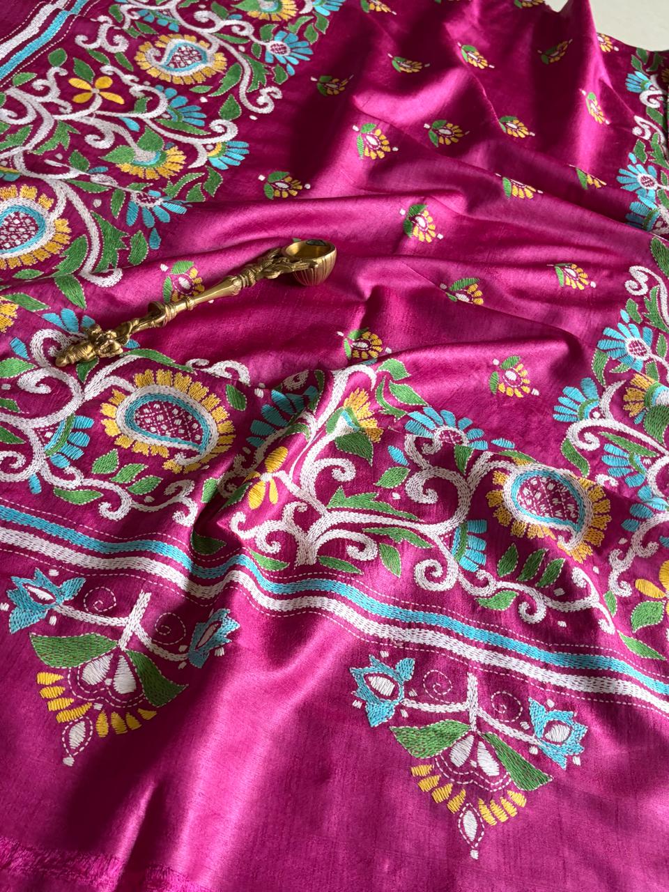 Pure Tussar Silk Handwoven Dupatta with intricate hand kantha embroidery - Pink