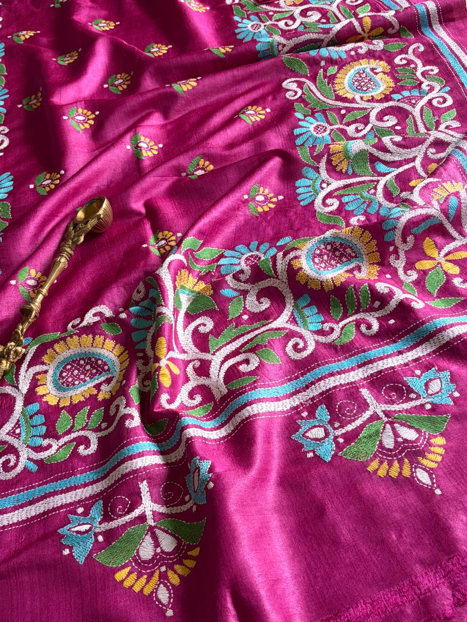Pure Tussar Silk Handwoven Dupatta with intricate hand kantha embroidery - Pink