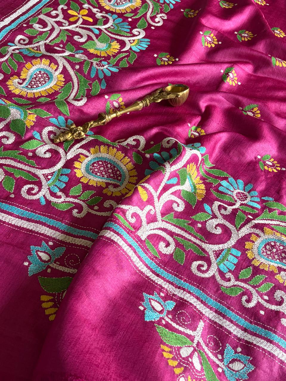 Pure Tussar Silk Handwoven Dupatta with intricate hand kantha embroidery - Pink