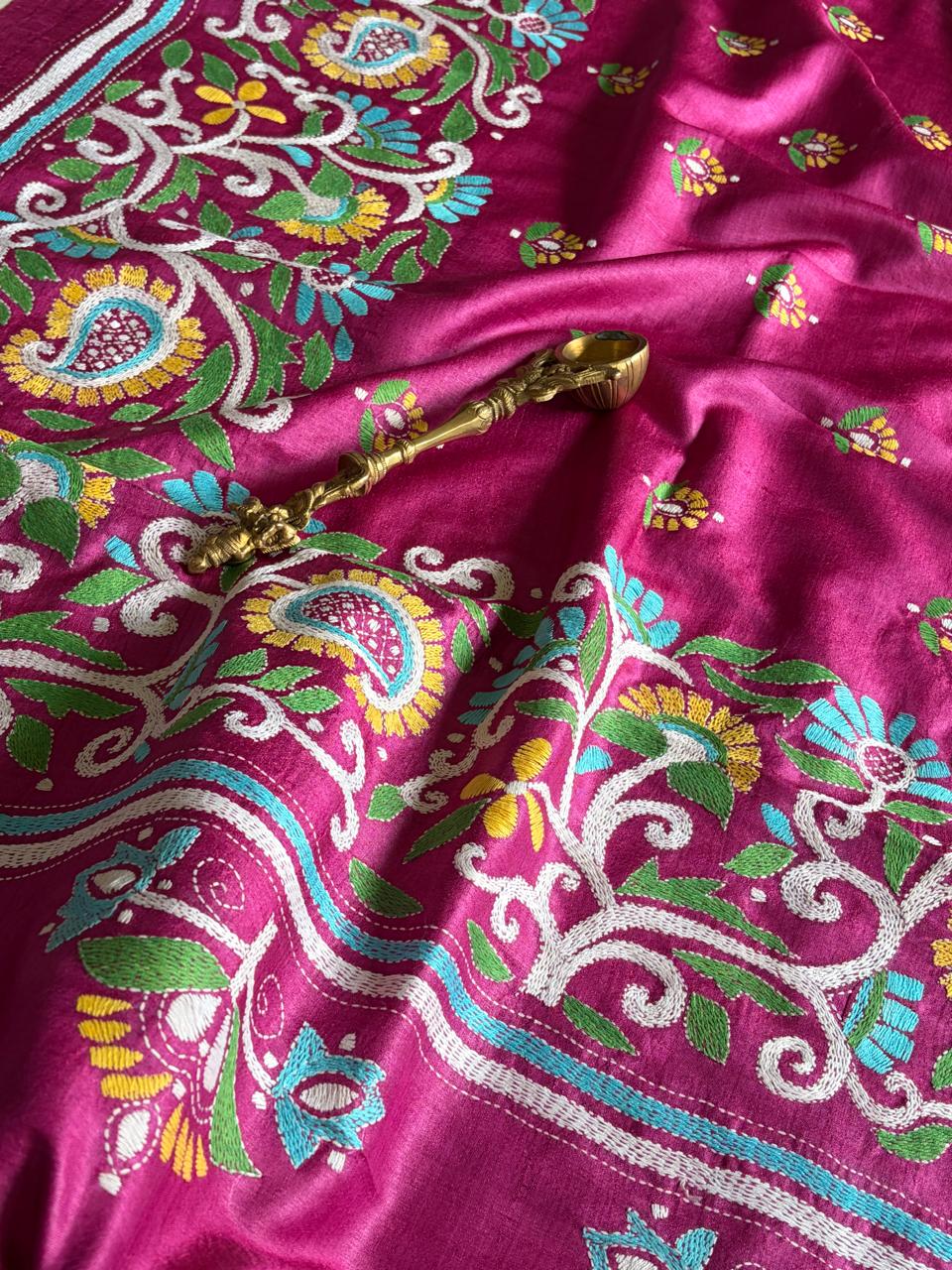 Pure Tussar Silk Handwoven Dupatta with intricate hand kantha embroidery - Pink