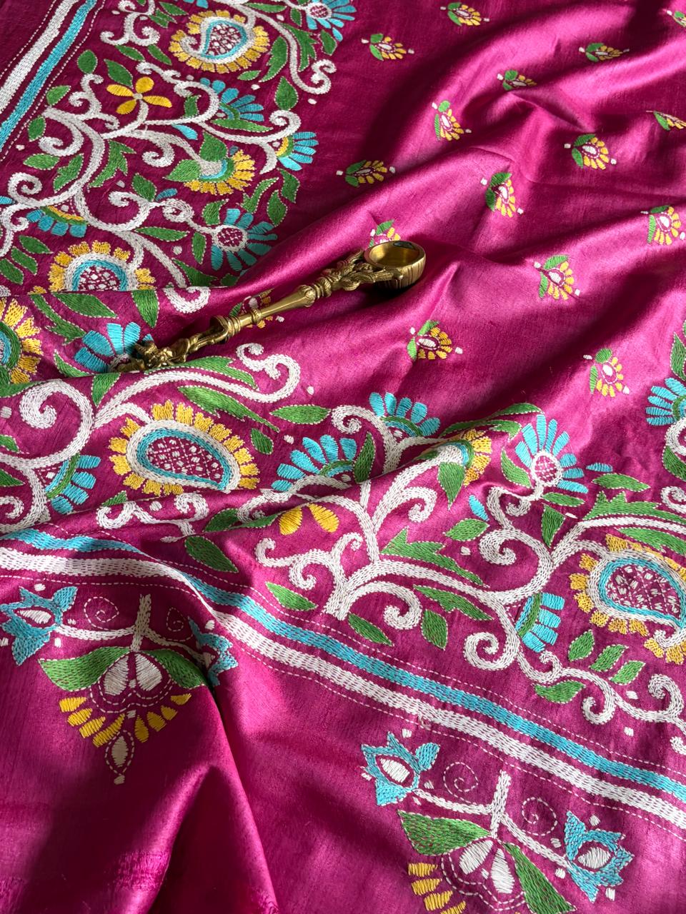 Pure Tussar Silk Handwoven Dupatta with intricate hand kantha embroidery - Pink