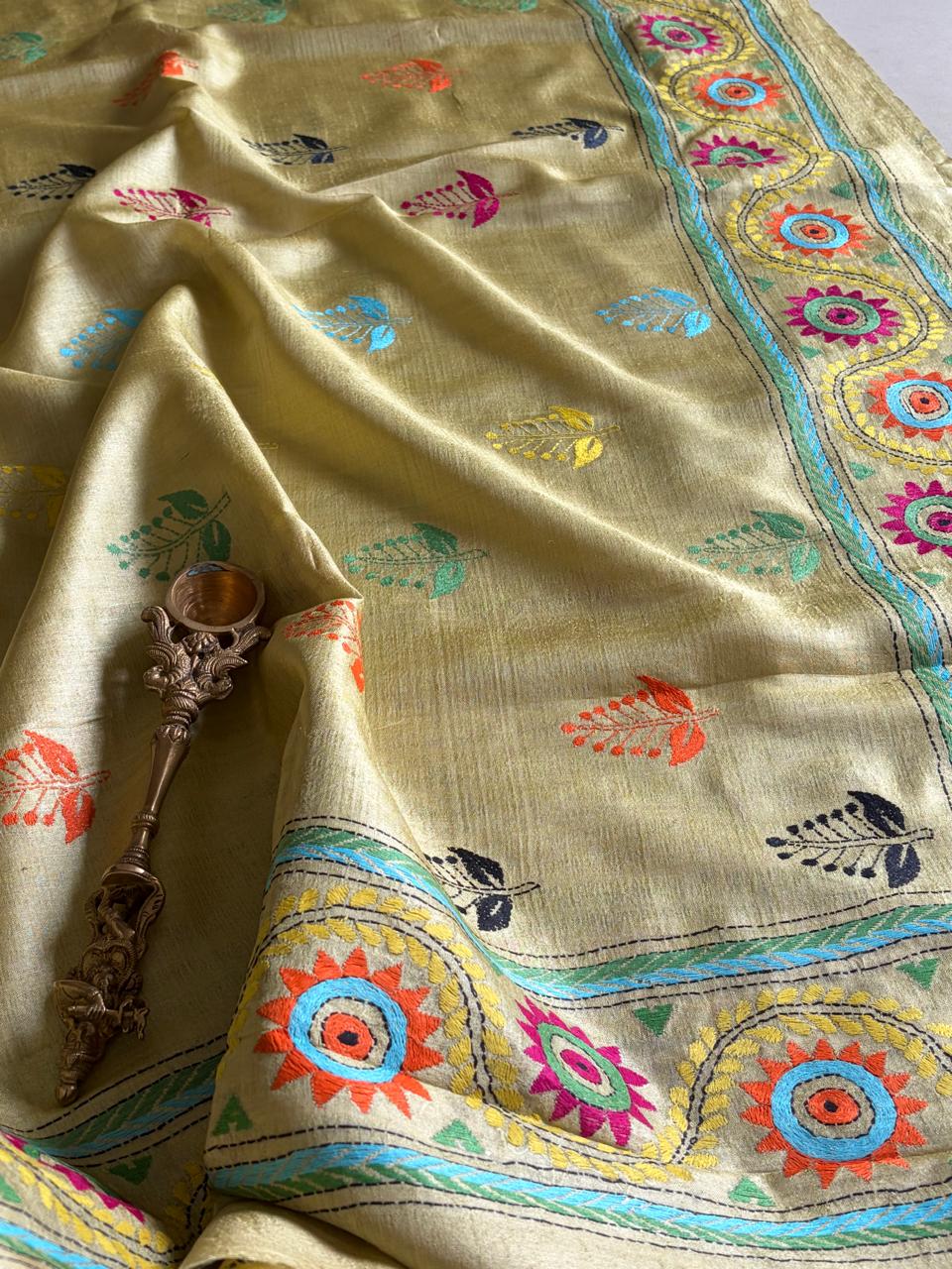 Pure Tussar Silk Handwoven Dupatta with intricate hand kantha embroidery - Lime