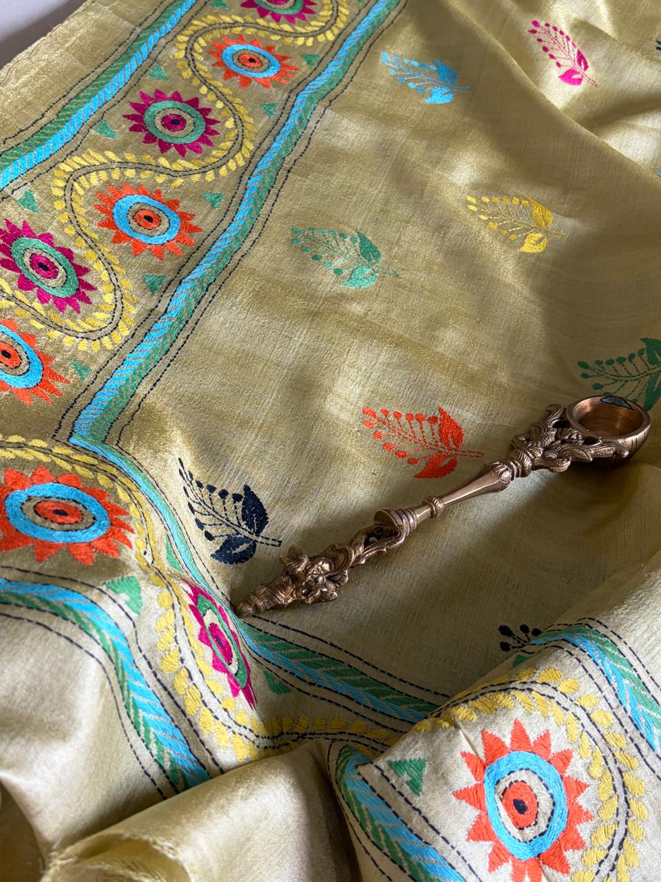 Pure Tussar Silk Handwoven Dupatta with intricate hand kantha embroidery - Lime
