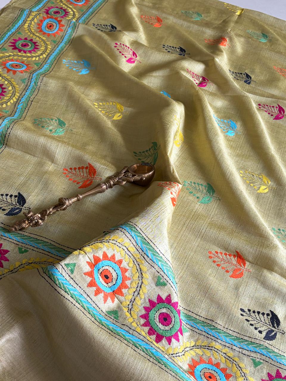 Pure Tussar Silk Handwoven Dupatta with intricate hand kantha embroidery - Lime