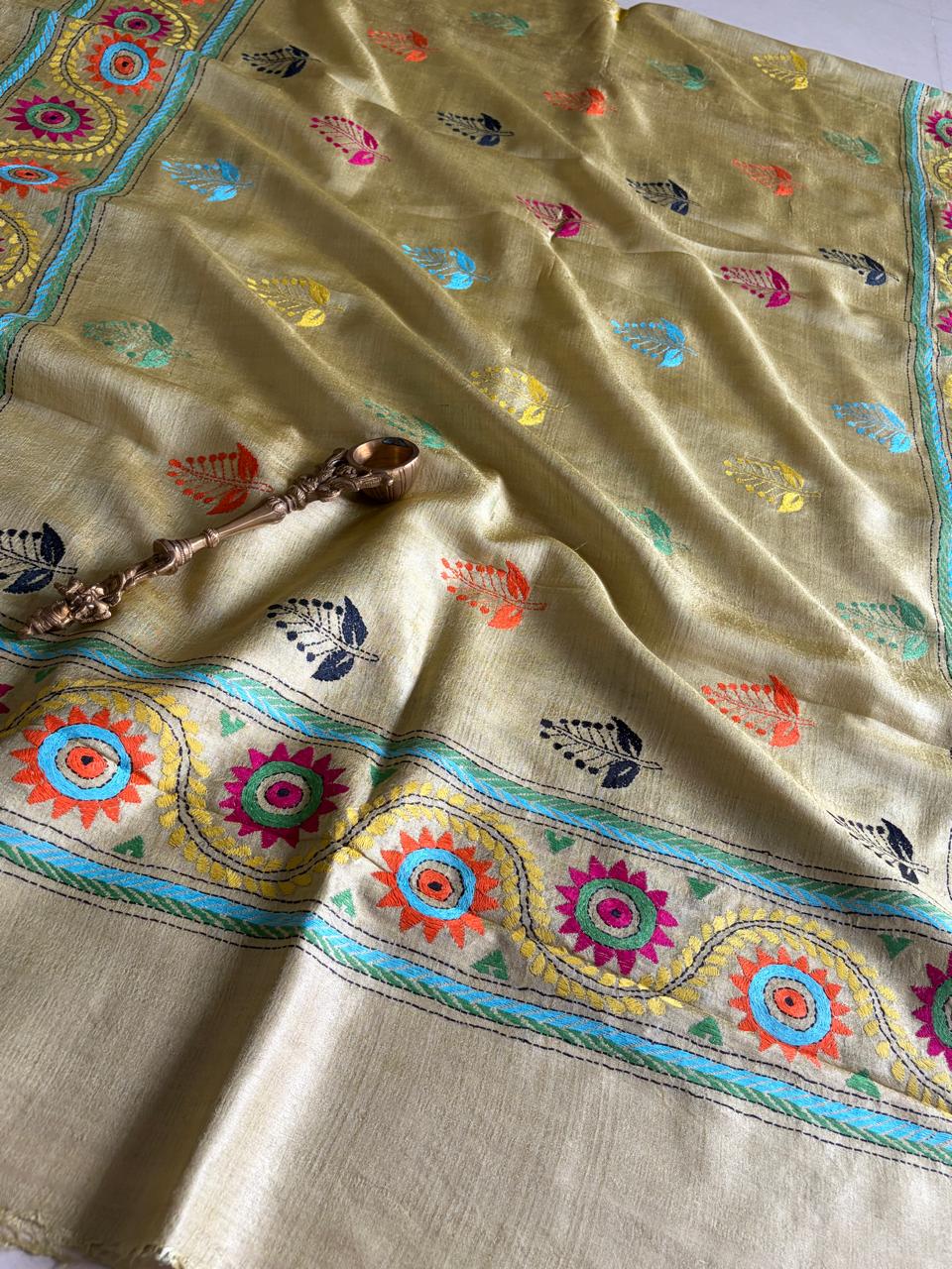 Pure Tussar Silk Handwoven Dupatta with intricate hand kantha embroidery - Lime