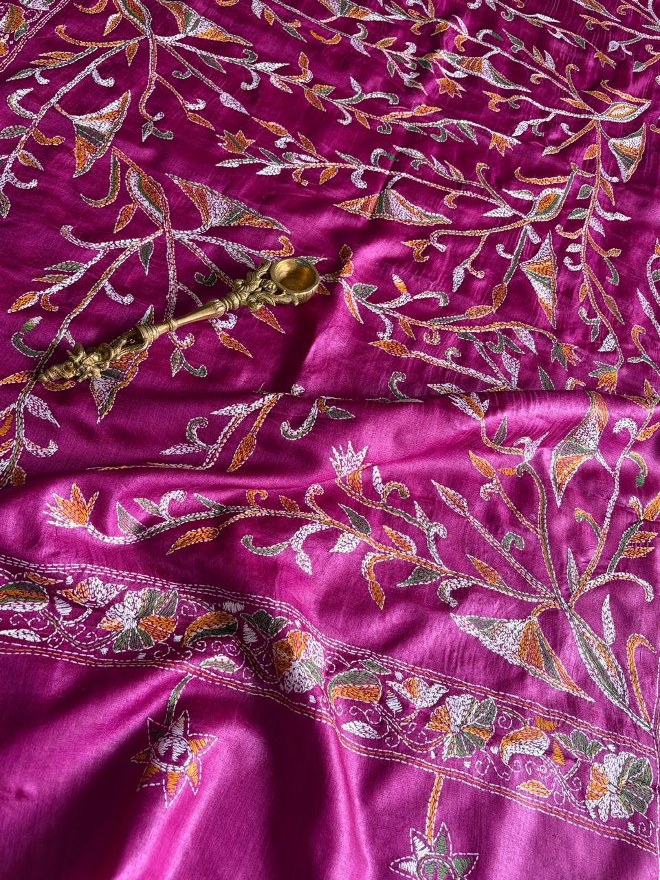 Pure Tussar Silk Handwoven Dupatta with intricate hand kantha embroidery- Purplish Pink