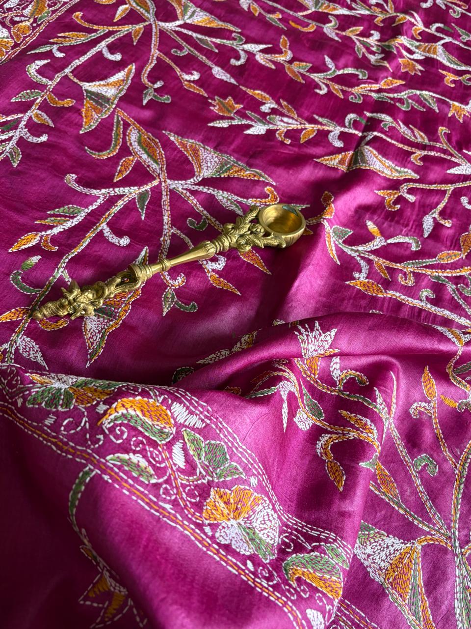 Pure Tussar Silk Handwoven Dupatta with intricate hand kantha embroidery- Purplish Pink