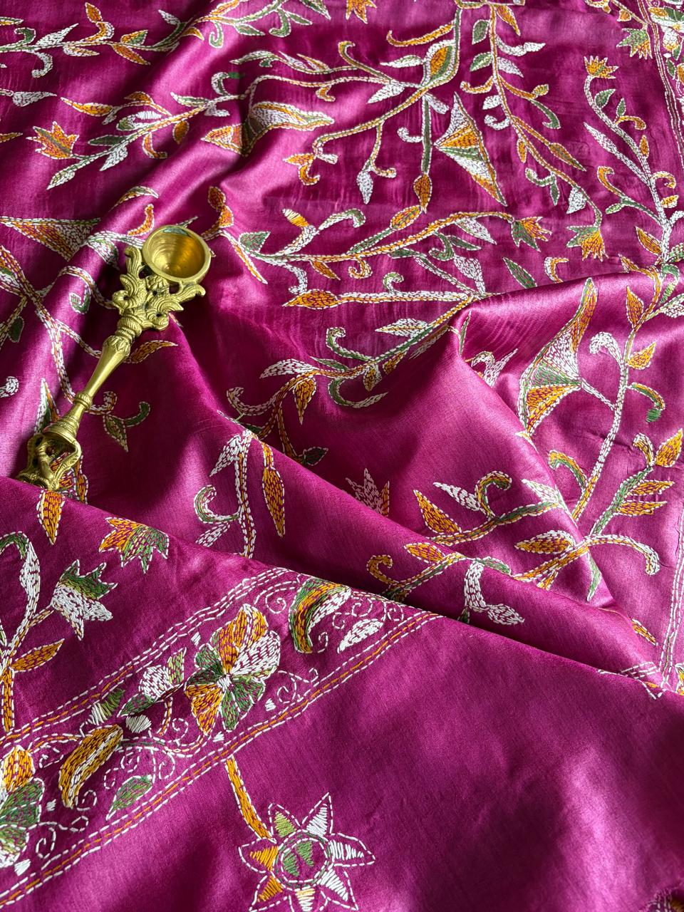 Pure Tussar Silk Handwoven Dupatta with intricate hand kantha embroidery- Purplish Pink
