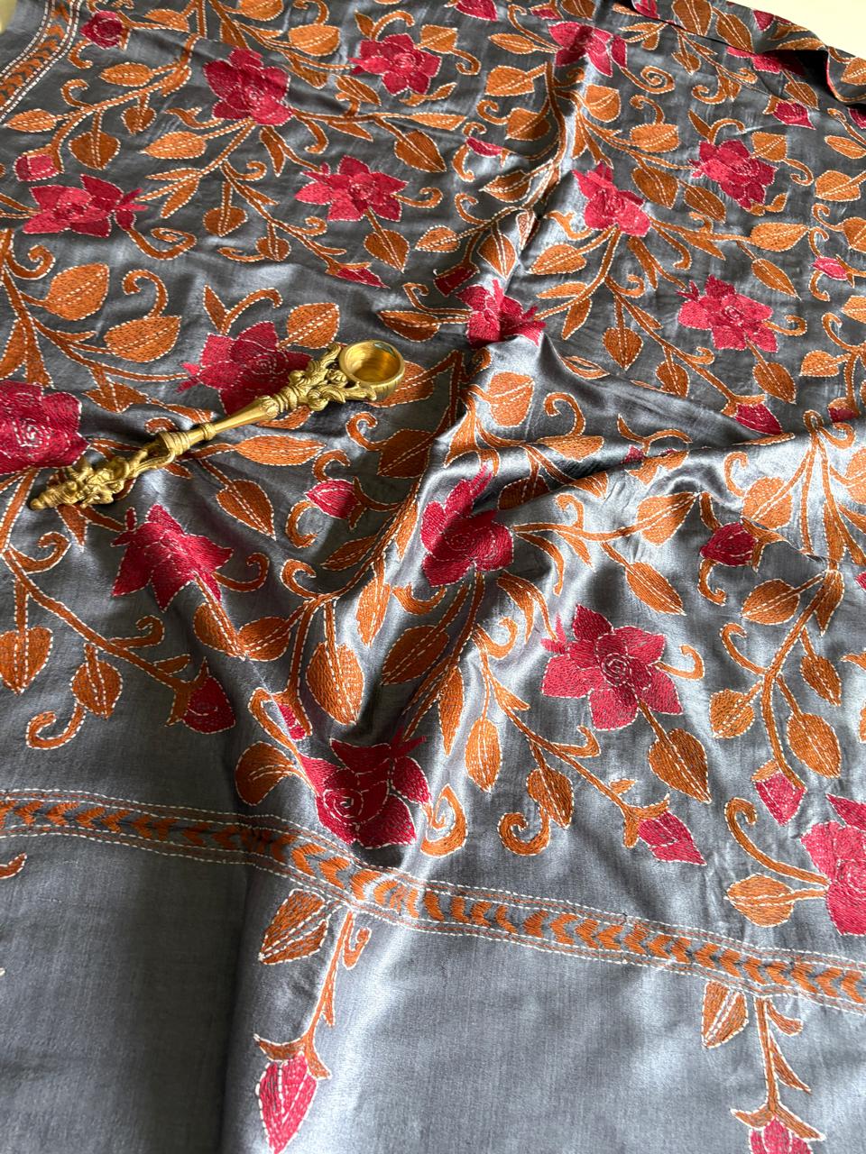 Pure Tussar Silk Handwoven Dupatta with intricate hand kantha embroidery- Steel Grey