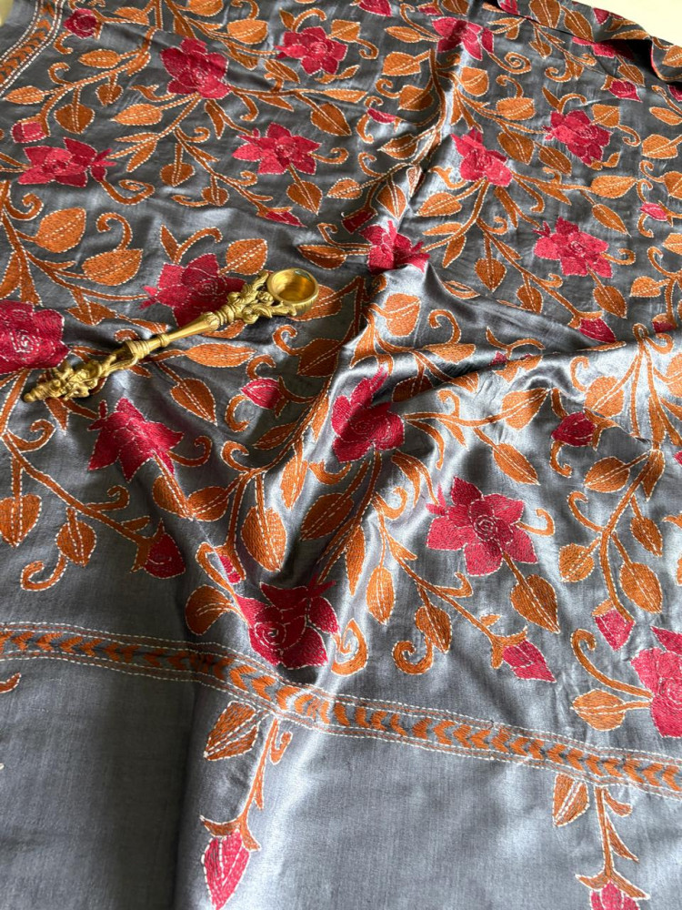 Image of Pure Tussar Silk Handwoven Dupatta with intricate hand kantha embroidery- Steel Grey