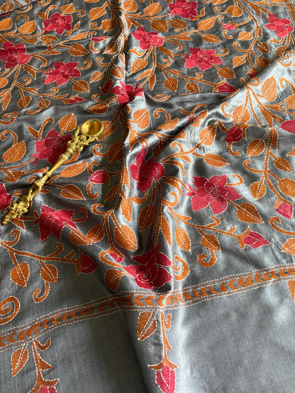 Pure Tussar Silk Handwoven Dupatta with intricate hand kantha embroidery- Steel Grey