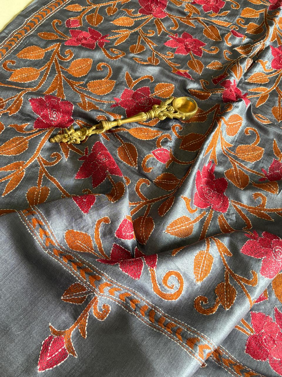 Pure Tussar Silk Handwoven Dupatta with intricate hand kantha embroidery- Steel Grey
