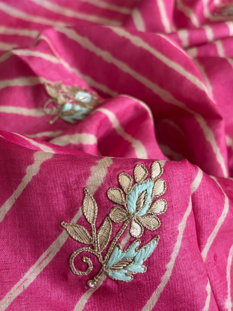 Image of Pure Tussar Silk Handwoven Leheriya Dupatta with Gotta Patti Work – Pink