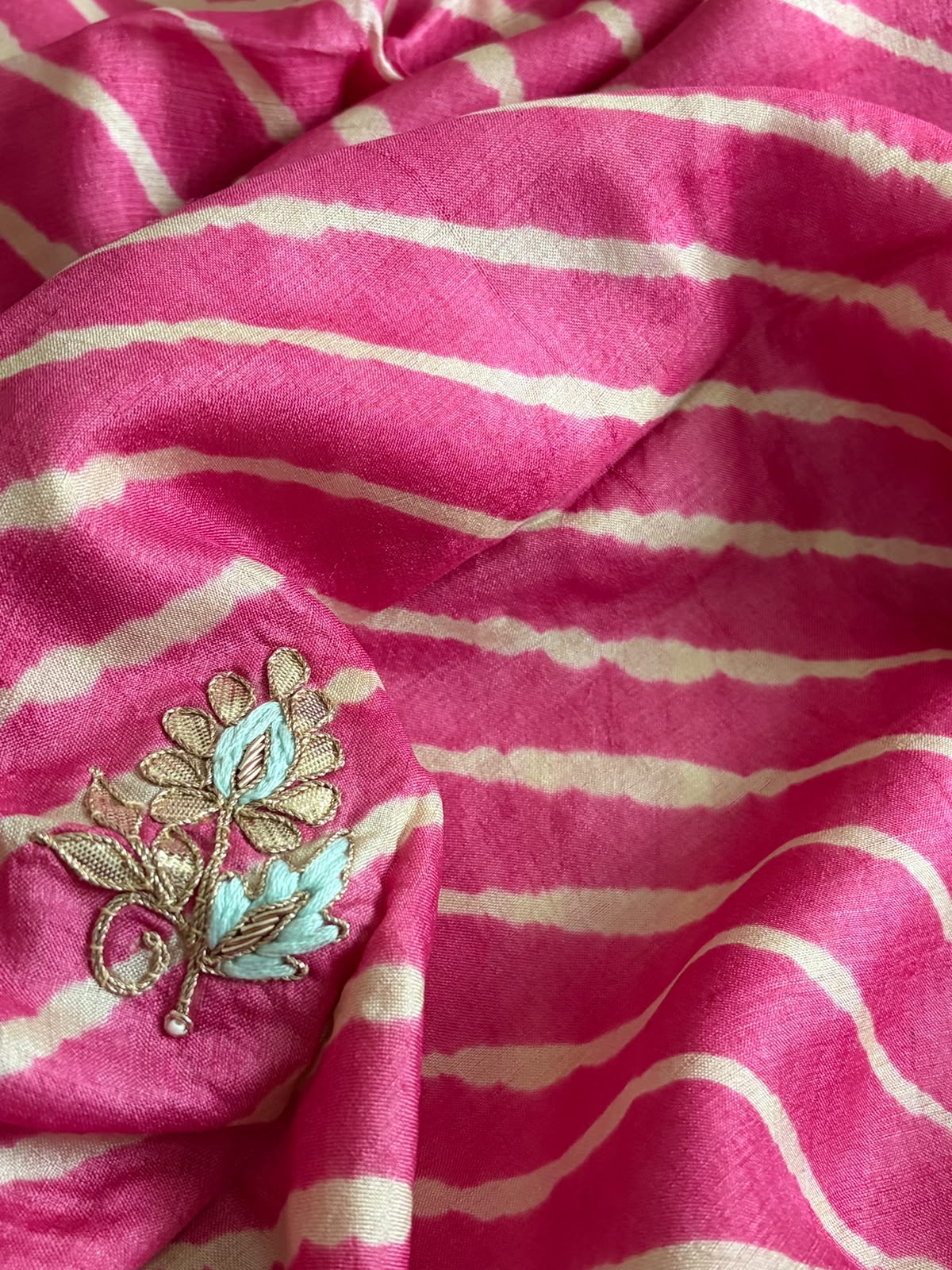 Pure Tussar Silk Handwoven Leheriya Dupatta with Gotta Patti Work  Pink