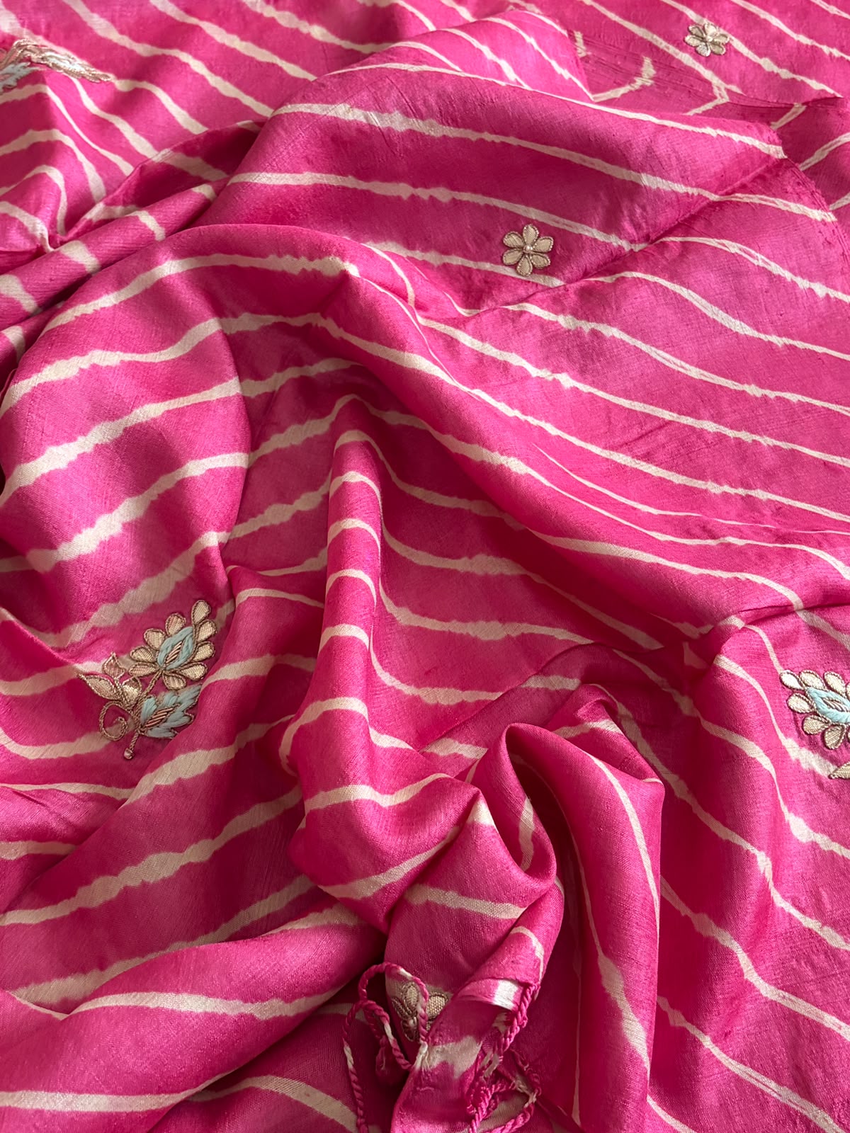 Pure Tussar Silk Handwoven Leheriya Dupatta with Gotta Patti Work Pink