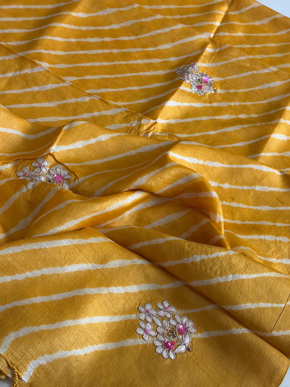 Pure Tussar Silk Handwoven Leheriya Dupatta with Gotta Patti Work Yellow